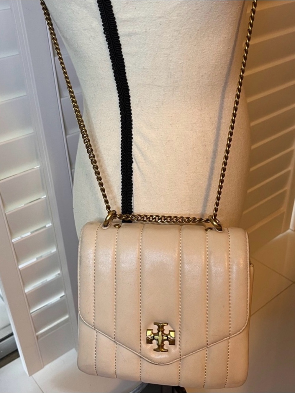 Tory Burch Beige Quilted Leather Chain Crossbody